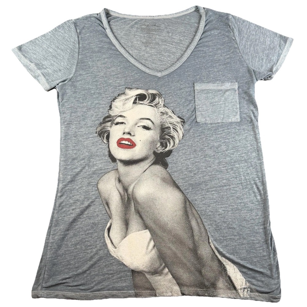 Marilyn Monroe Shirt Juniors L Soft Gray V-Neck Pocket Portrait Graphic Tee